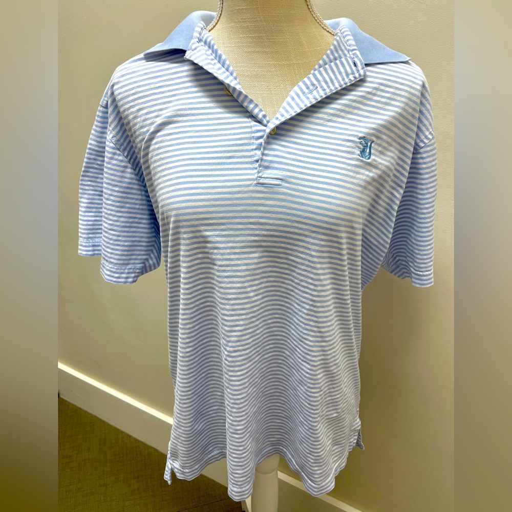 Peter Millar Mens Sz M Everglades Blue/White Striped Everglades Polo